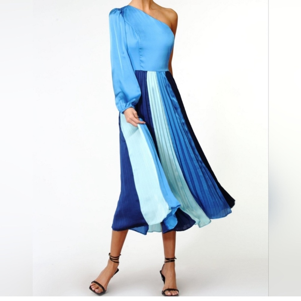 ADELYN RAE Cher‎ One Shoulder Pleated Satin Blue Colorblock Midi Dress Formal XS